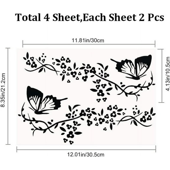 4pcs PVC Cartoon Self Adhesive Car Stickers Waterproof Floral Butterfly Car Decorative Decals for Car Decoration Black 305x212x0.2mm