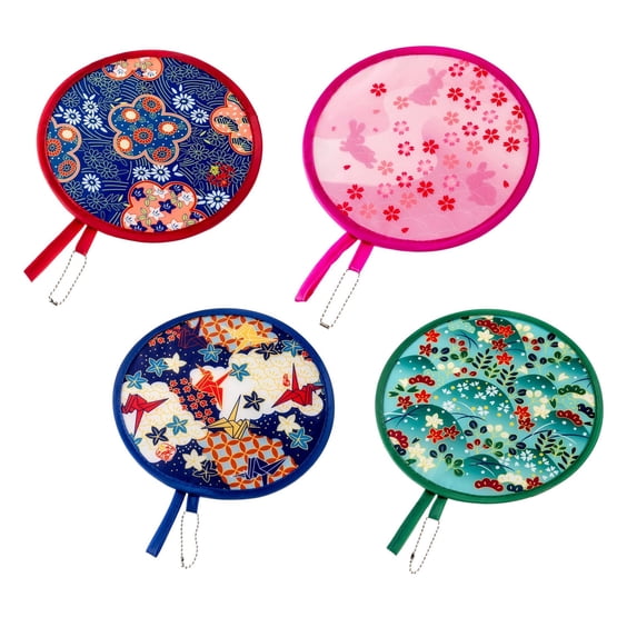 4pcs Pack Foldable Round Hand Fan 8.3 Inch 21cm Portable Flying Disc Polyester Fabric with Spring steel Circle, Summer Cooling Decorative Fan for Party, Wedding & Daily Use