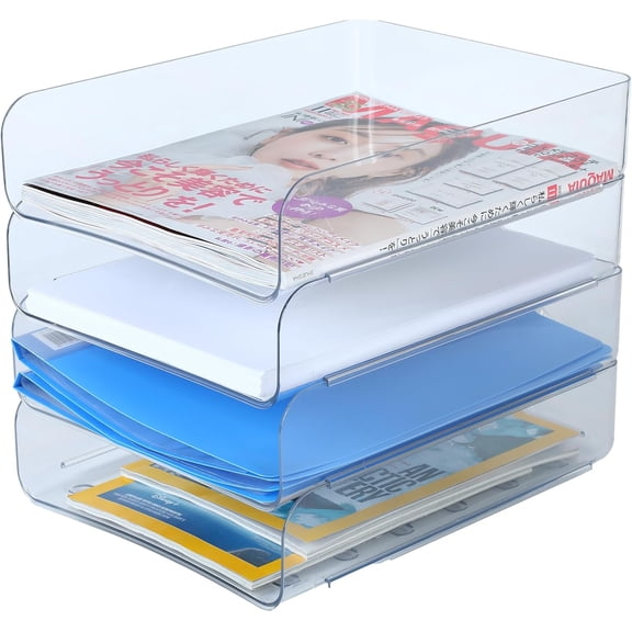 (4pcs Pack)  Stackable Paper Trays,Letter Tray Organizer,Office Desktop Organizer,A4 Paper Holder,Supplies Magazine,File Documents,Receipts(Clear,Regular)