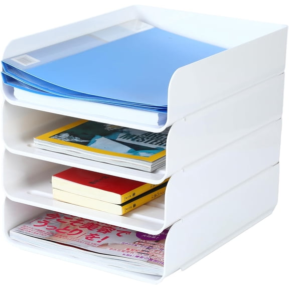 (4pcs Pack) Stackable Paper Trays,Letter Tray Organizer,Office Desktop Organizer,A4 Paper Holder,Supplies Magazine,File Documents,ReceiptsWhite,Regular