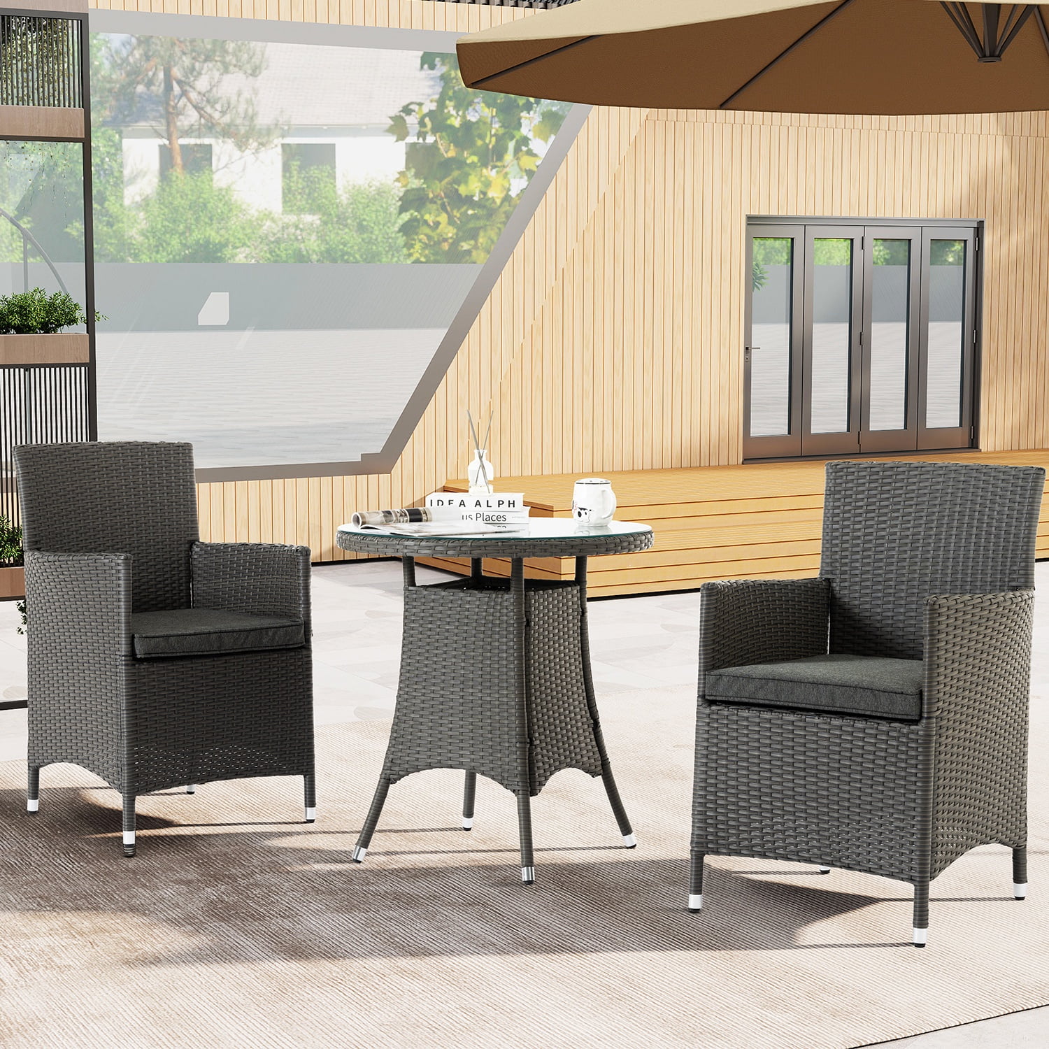 3 Piece Patio Bistro Set PE Wicker Rattan Outdoor Conversation Sets All Weather Balcony Table Chairs with Cushions Small Patio Set 17 H