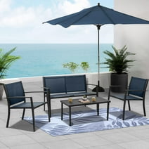 4pcs Patio Furniture Set, Outdoor Conversation Set Textilene Furniture, All-weather Porch Backyard Table Set with Loveseat Armchairs, Metal Frame Balcony Furniture for Indoor Small Space, Blue