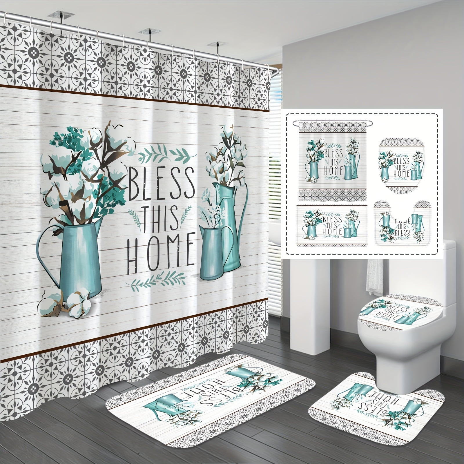 4pcs Pattern Shower Curtain Set, Waterproof Shower Curtain with 12 Hooks, Non-Slip Bathroom Rug, Toilet U-Shape Mat, Toilet Lid Cover Pad, Bathroom Decor, Shower Curtain Sets For Bathrooms