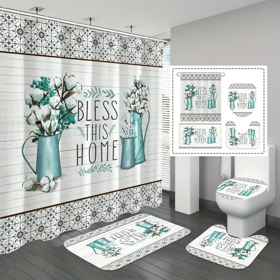 4pcs Pattern Shower Curtain Set, Waterproof Shower Curtain with 12 Hooks, Non-Slip Bathroom Rug, Toilet U-Shape Mat, Toilet Lid Cover Pad, Bathroom Decor, Shower Curtain Sets For Bathrooms