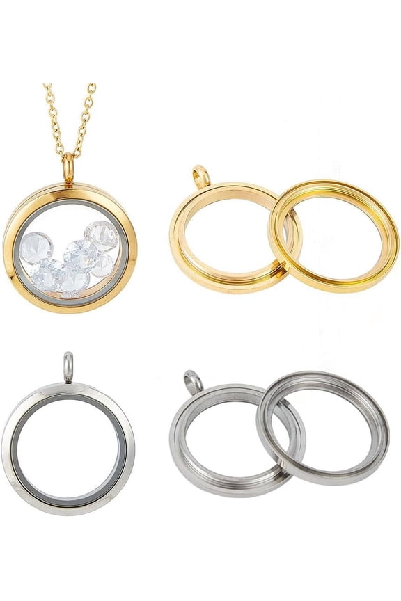 4pcs Photo Locket Charms Necklace Round Stainless Steel Locket Pendants Double-Sided Picture Frame Memory Locket Charm with 17.7inch Chain for DIY Wedding Jewellery Making Photo