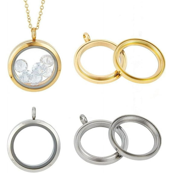 4pcs Photo Locket Charms Necklace Round Stainless Steel Locket Pendants Double-Sided Picture Frame Memory Locket Charm with 17.7inch Chain for Wedding Jewellery Making Photo for DIY