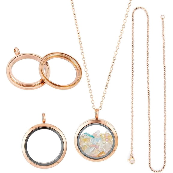 4pcs Photo Locket Charms Necklace Round Stainless Steel Locket Pendants Double-Sided Picture Frame Memory Locket Charm with 17.7inch Chain for Wedding Jewellery Making Photo Gold