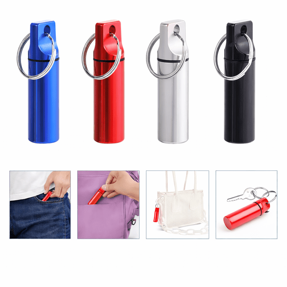 Small Portable Pill Box Keychain (4 Pack), Aluminium Alloy Mini Pill Organizer Case Container for Purse,Waterproof Metal Pill Holder Medicine Bottle for Outdoor Camping Travel