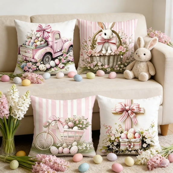 4pcs Pillow Covers 18x18, Imitation Embroidery Easter Decorations Throw Pillow Covers, Home Spring Decor for Bedroom Couch Cushion Cover