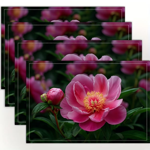 4pcs Pink Peony Passion Placemats | Fashion Print Pattern Table Mats for Dining Table, Kitchen, Party, Indoor, Holiday, Dinner Parties and Home Decor, 12x18 Inch, Linen, Square, - Hand Wash Only