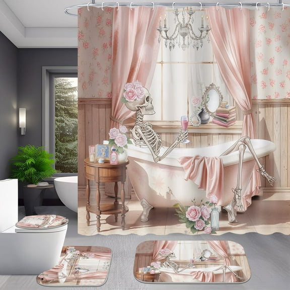 4pcs Pink Skull Flower Halloween Shower Curtain Set Gothic Skeleton in Bathtub Design Funny Spooky Bathroom Decor with Hooks
