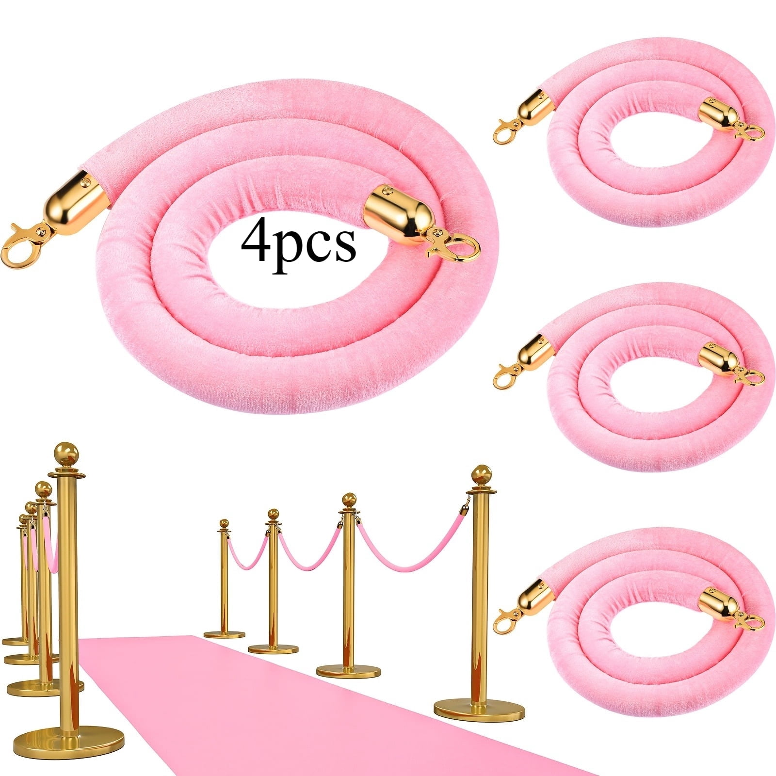 4pcs Pink Velvet Stanchion Rope - 5 Feet Velvet Ropes with Golden ...