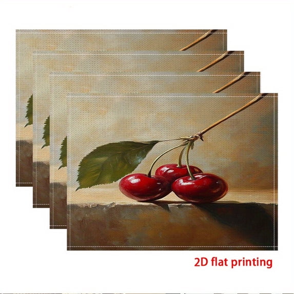 4pcs Placemat, Cherries and a leaf on a branch,fashion print pattern ...
