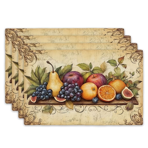 4pcs Placemat Set, 12" X18" Table Mat, Fruit Still Life Classic Pattern, Suitable for Home Kitchen, Restaurant And Outdoor Meal Decoration