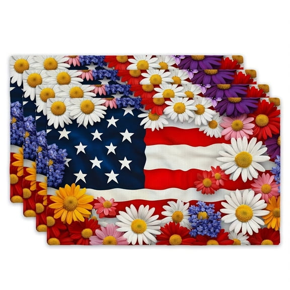 4pcs Placemat Set, 12" x 18" Rectangular Table Runner with Patriotic Floral Design for July 4th Independence Day Party Decorations, Family Picnic and Kitchen Dining