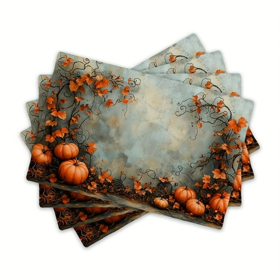 4pcs Placemat Set for Dining Table, Halloween Autumn Autumn Pumpkin Vine Pattern Popular Home Placemats, Seasonal Holiday Decoration Rustic Vintage Washable Table Mats