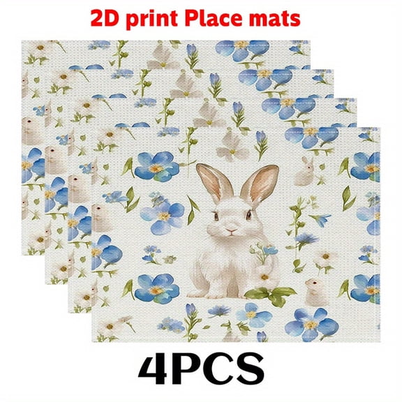 4pcs Placemats (2D print)Rabbits and blue flowers. 12X18in-Soft Table Felt for Modern DINING DECORATION, Contemporary Homes, Home Decoration, Table Setting, Rabbit Pattern