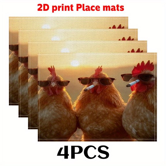 4pcs Placemats (2D print)Three Cool Chickens Topic Placemats12X18in-Modern Table Decorative Pad for Cozy DINING DECORATION, Winter Themes, Holiday Table Setting, Modern Placemats, Festive Print