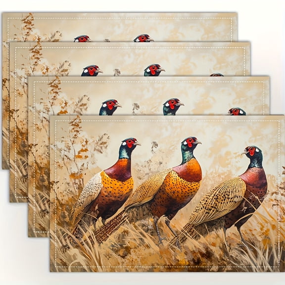 4pcs Placemats Autumn Pheasant Design, 12x18 Inches, Suitable for Kitchen and Dining Room Decor, Home Decoration, Family Dinner Table Setting, Party Decor