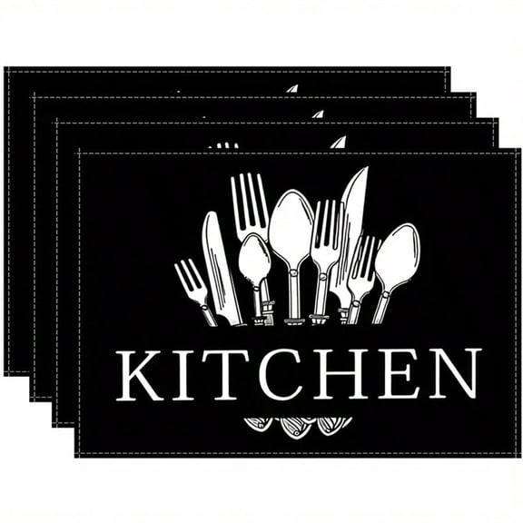 4pcs Placemats, Kitchen Table Mats, Home Decoration, Cafe Decoration, Daisy, Simple Black And White Knife And Fork Print Design