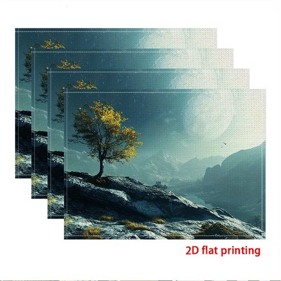 4pcs Placemats, Starry night over rocky terrain Theme placemats,fashion print pattern table mat, for dining table, kitchen, party, indoor, holiday, dinner parties and home decor (table mats)