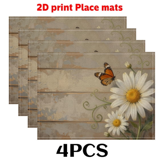 4pcs Placemats Suitable for Dining Table - Elegant Daisy & Butterfly Print, Hand Washable Table Mats, Luxury Table Overlay for Dinner Decor, Wedding, (DINING DECORATION)