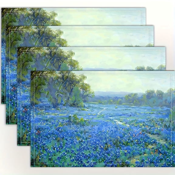 4pcs Placemats Suitable for Kitchen & Dining Table - Blue Flower Field with Trees & Sunlight Pattern, 12x18 Inch Rectangular Table Mats, Machine Washable, Elegant Table Decor