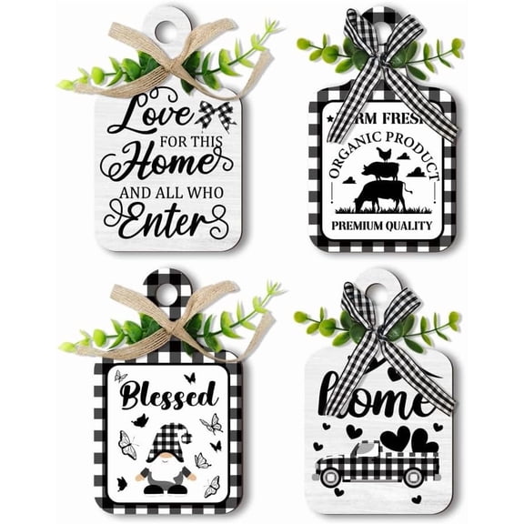4pcs Plaid Wall Decor Wood Sign Gnome Home Decor Signs Wooden Sign Farmhouse Tiered Tray with Hemp Rope Wall Art Rustic Hanging Wall Decor for DIY Home Kitchen Dining Living Room Bar Cafe