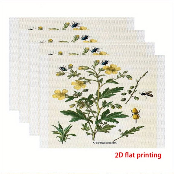 4pcs Plant & Pollinator Topic Placemats - Botanical Table Suitable for Dining Tables, Picnics, Camping, Machine Washable with Illustration, 2D Flat