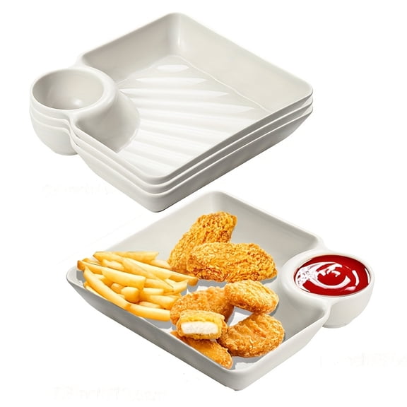 4pcs Plastic Dinner Plate Set - White Rectangular Snack Tray with Compartments for Chips, Sushi and Appetizers, 7.3" x 6.6" - Perfect for Deli Platters and Party Platters