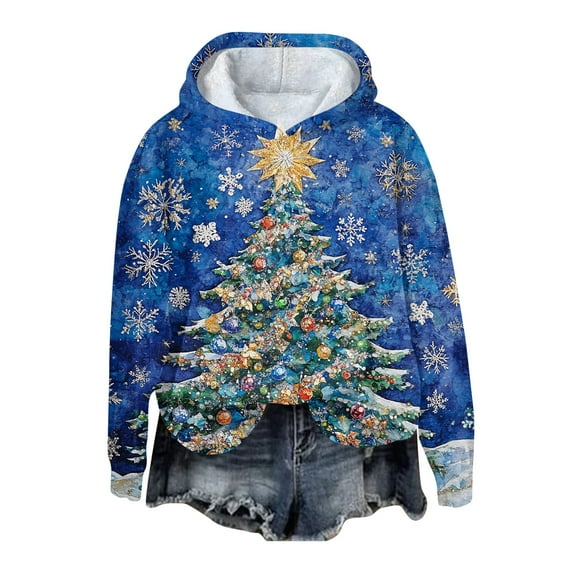 Christmas Hoodies for Teen Girls Christmas Tree Graphic Hooded Sweatshirts Long Sleeve Snowflake Print Pullover Tops Holiday Xmas Shirts Christmas Costumes for Women 2024 blue 3X-Large