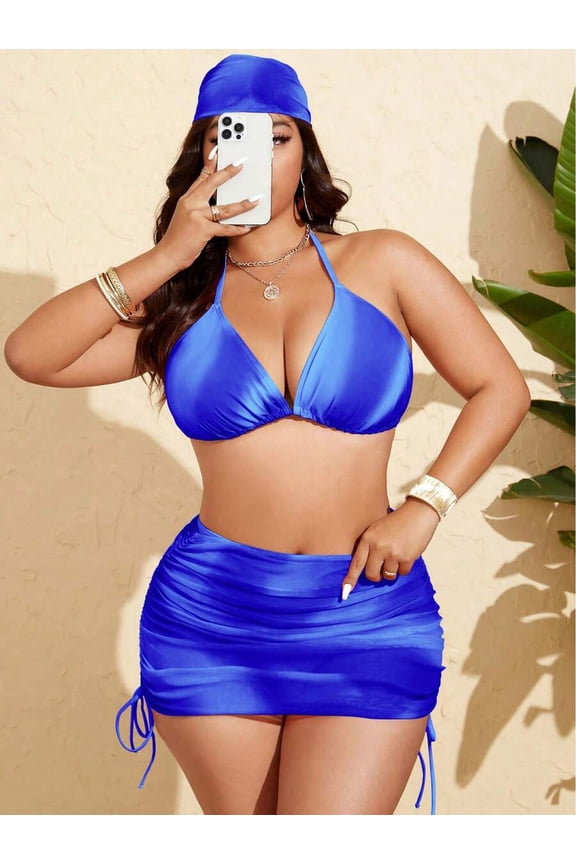 4pcs Plus Size Women Tie-Dye Print Bikini Set With Ruched Mesh Mini Skirt, Headwrap, Beach Swimsuit Set