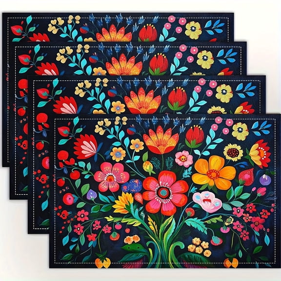 4pcs Polish Folk Art Floral Placemats - Traditional Polish Village Table Mats with Flower Patterns, Hand Washable Fabric for Dining Table Decor, Kitchen, Party, Holiday Dinner