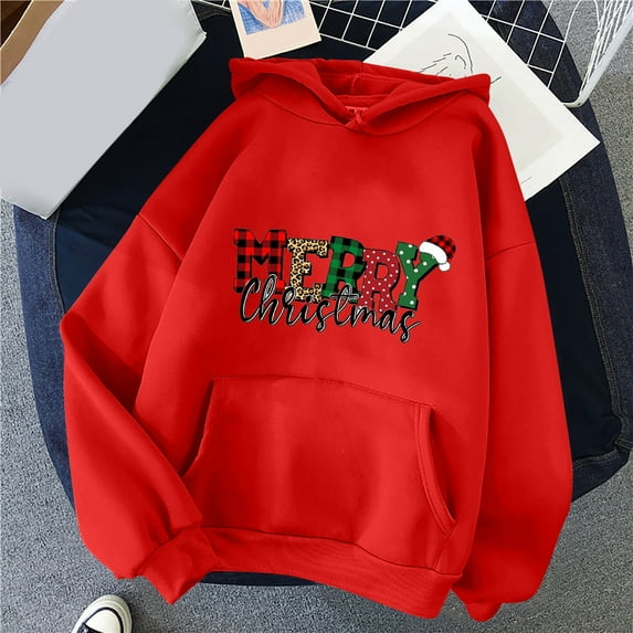 2024 Hot Women Hoodies in Clearance Merry Christmas Fashion Woman Hoodied Long Sleeve T-Shirt Printing Loose Blouse Tops Hoodies Fall Clothes, Red L