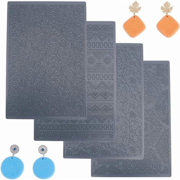 4pcs Polymer Clay Texture Sheets Set Texture Sheets Polymer Clay Works with Polymer Clay Cutter Effect as Polymer Clay Texture Roller Leaves and Flowers for DIY Clay Making Silver for diy making