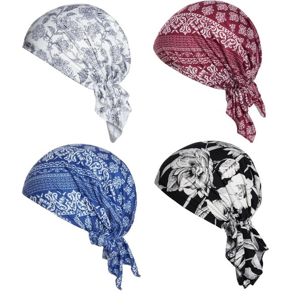 4pcs Pre-Tied Chemo Head Scarf Beanie Covers Cap Head Scarves Sleep Turban Hat Women Bandana with Stretch Print Ruffle