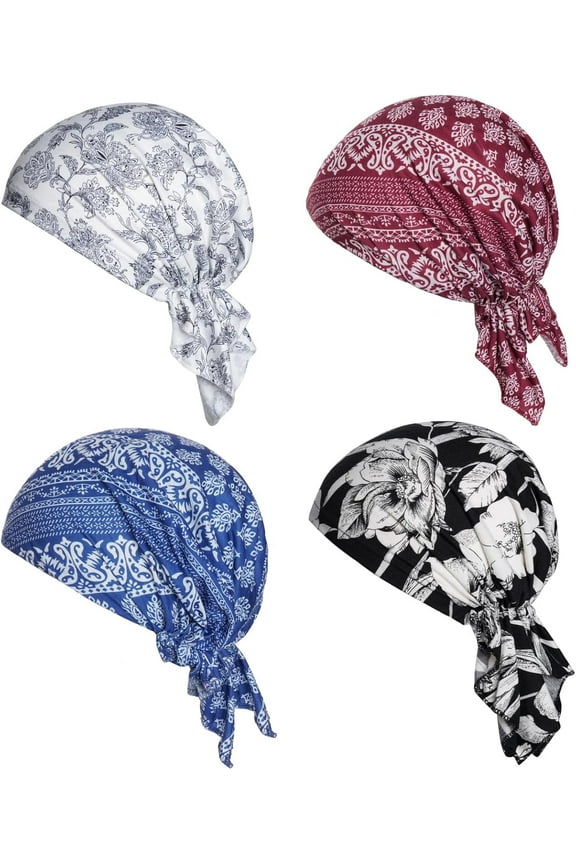 4pcs Pre-Tied Chemo Head Scarf Beanie Covers Cap Head Scarves Sleep Turban Hat Women Bandana with Stretch Print Ruffle