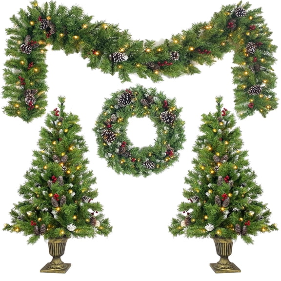 3pcs Pre-lit Christmas Decoration Set, 2 Packs 4''Christmas Entrance Trees and 9' Garland, Green Artificial Xmas Decorative Set for Door Fireplace W/Warm Lights