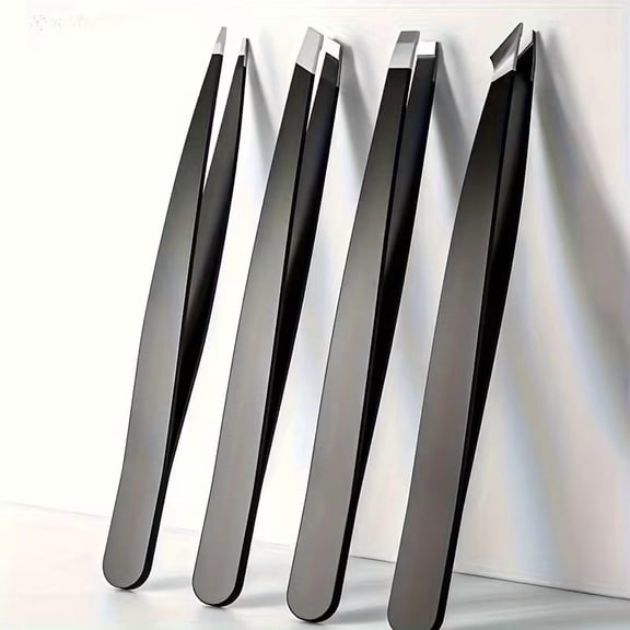 4pcs Precision Stainless Steel Tweezers Set for Grooming - Slanted, Pointed & Flat Tips for Eyebrow Shaping, Hair Removal, Beard Trimming & Splinter Extraction