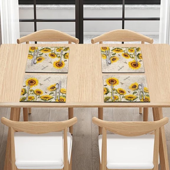 4pcs Printed Placemats Sunflower Placemats Table Mats Durable Washable Rustic Linen Vintage Placemats for Home Dinner Party Camping Wedding Table Decoration 12 x 18 inches