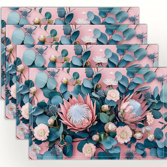 4pcs, Protea and Eucalyptus Pattern Pink placemats, fashion print pattern table mat, for dining table, kitchen, party, indoor, holiday, dinner parties and home decor (table mats) 12x18 Inch