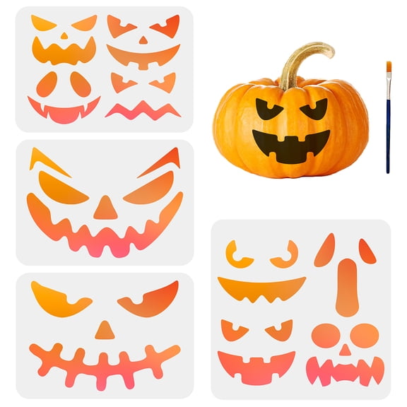4pcs Pumpkins Face Stencils Pumpkin Stencil Reusable Pumpkin Devil Laughing Stencils 11.78.3/11.811.8inch with Paint Brush Party Home Gift Decro DIY