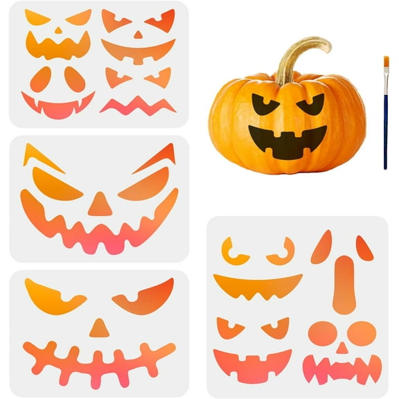 4pcs Pumpkins Face Stencils Pumpkin Stencil Reusable Pumpkin Devil Laughing Stencils 11.78.3/11.811.8inch with Paint Brush Party Home Gift Decro