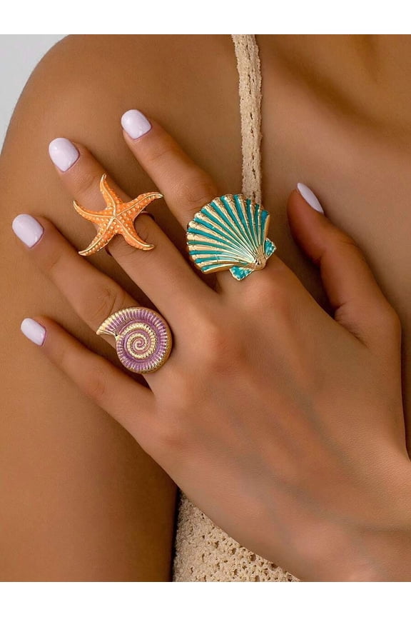 4pcs Purple Acrylic Starfish & Shell Stackable Rings Set For Women Vacation Jewelry
