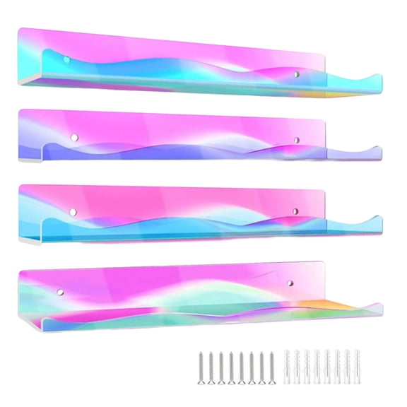 4pcs Rainbow Acrylic Wall Shelves Modern Rainbow Color Wall Mounted Shelves for Books and Toy, Bedroom Decors