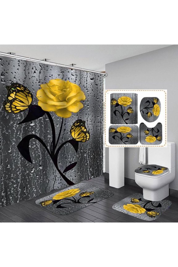 4pcs Raindrop Rose Flower Shower Curtain, Waterproof Cloth Fabric Bath Curtain, Non-slip Bathroom Mat Bath Mat Toilet Rug, Elegant Artwork Floral Bathroom Decor, Yellow