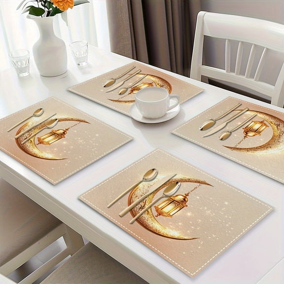 4pcs Ramadan Moon and Light Pattern Placemats Table Mats Durable Washable Rustic Linen Vintage Placemats for Home Dinner Party Camping Wedding Table Decoration 12 x 18 inches