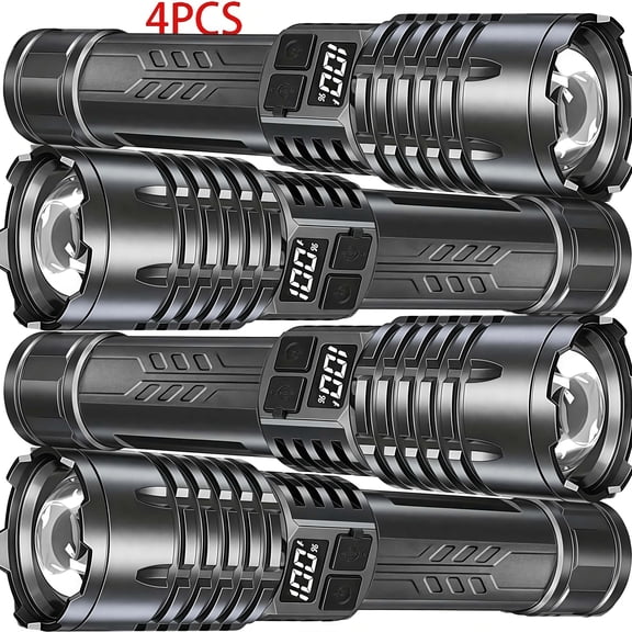 4pcs Rechargeable High-Power LED Flashlights with, Zoomable Spotlight, USB Cable, Super Bright, Long Range, Tactical Work Light for Camping, Hiking, Emergency, and Travel, Hiking Gear|