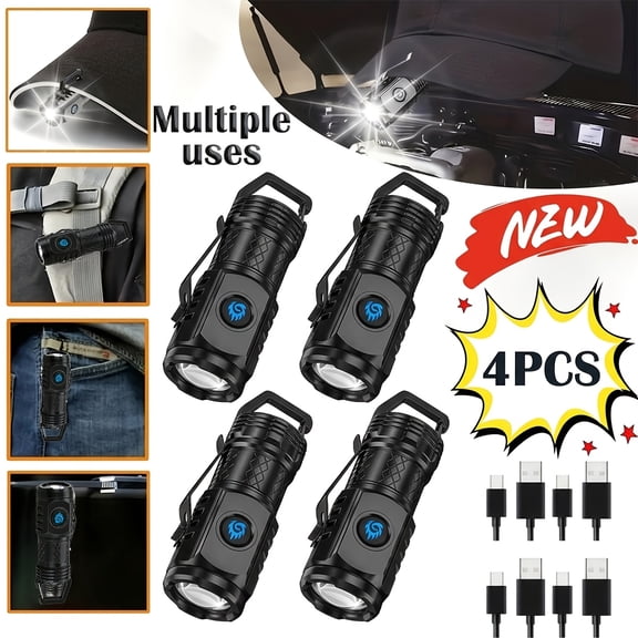 4pcs Rechargeable High-Power LED Flashlights with, Zoomable Spotlight, USB Cable, Super Bright, Long Range, Tactical Work Light for Camping, Hiking, Emergency, and Travel, Hiking Gear | Robust Flashl