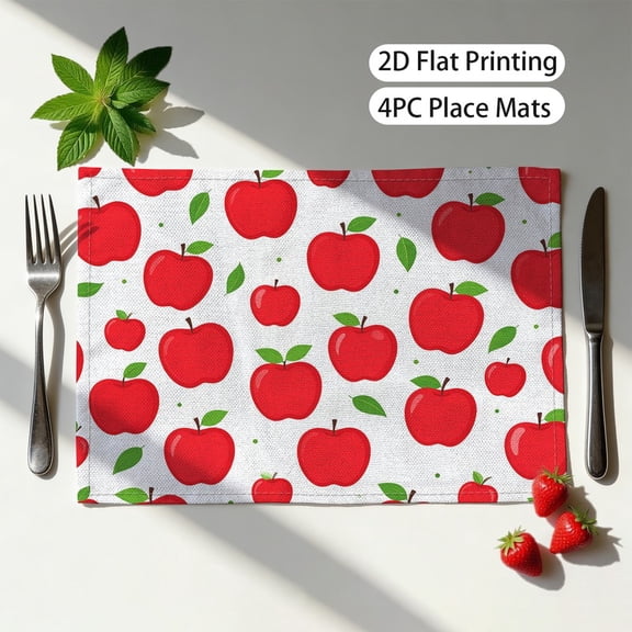 4pcs Rectangle Flax placemats,Simple Red Apple Pattern table mat, for dining table, kitchen, party, indoor, holiday, dinner parties and home decor (table mats) 12x18 Inch